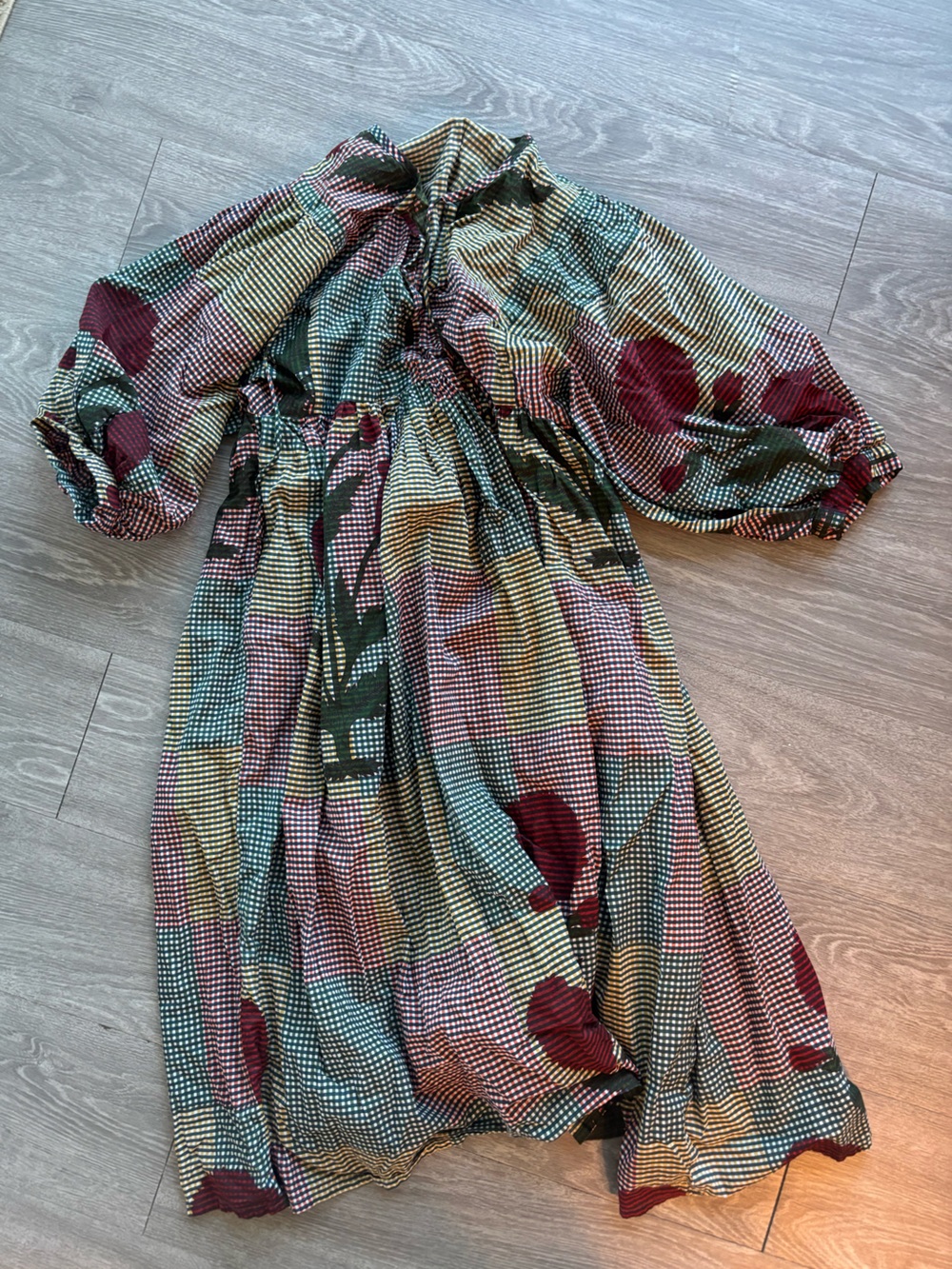 Midi Dress with Check and Floral Print